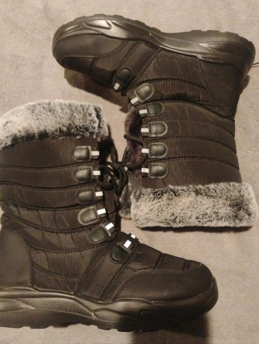 Quilted Mid Calf Winter Snow Boots Faux Fur Cuff Black - Size 41 US 9.5 10